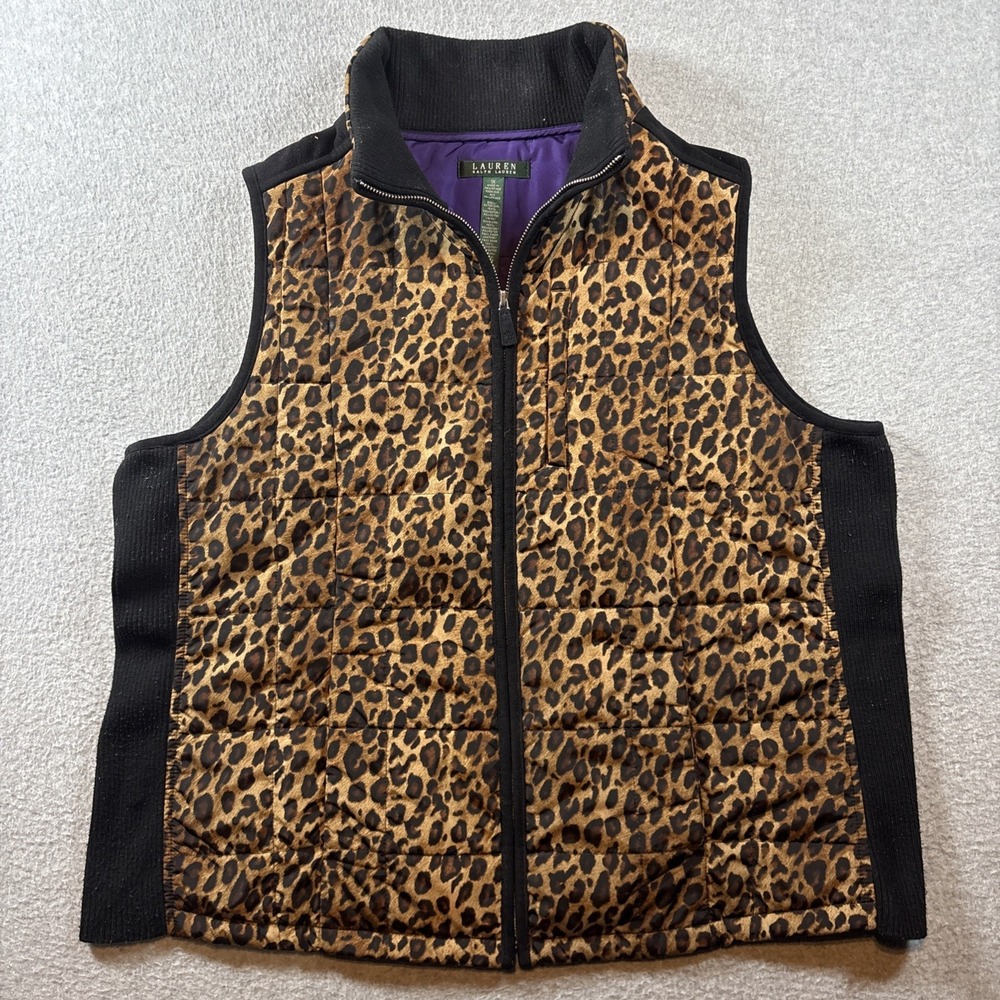 Lauren by Ralph Lauren  Women's Leopard Print Quilted Puffer Vest Sz 1X Preppy
